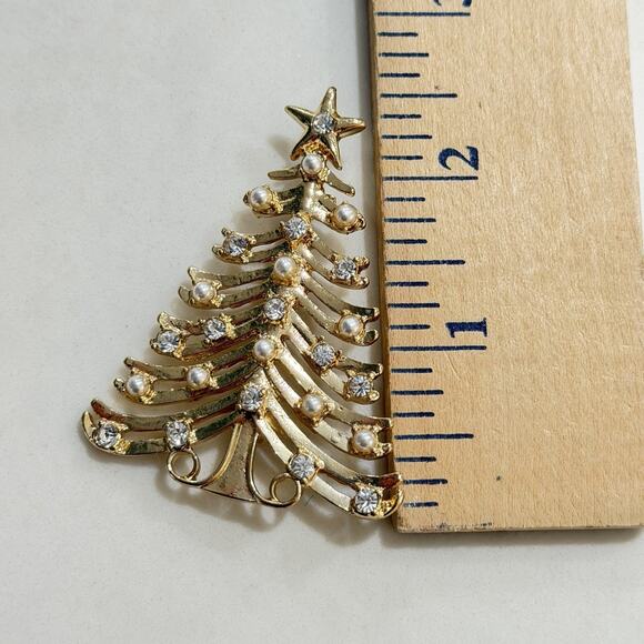 Vintage Christmas Brooch Tree Rhinestone Pearl pin gold tone MCM Holiday Star - Picture 5 of 6